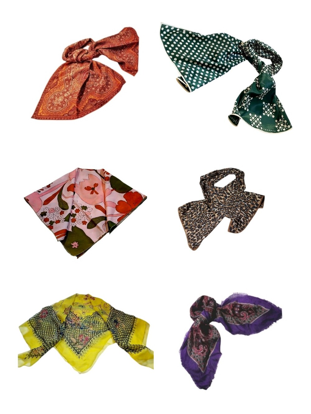 Bundle of 6 Scarves w/ Miscellaneous Colors, Sizes, & Print Designs.